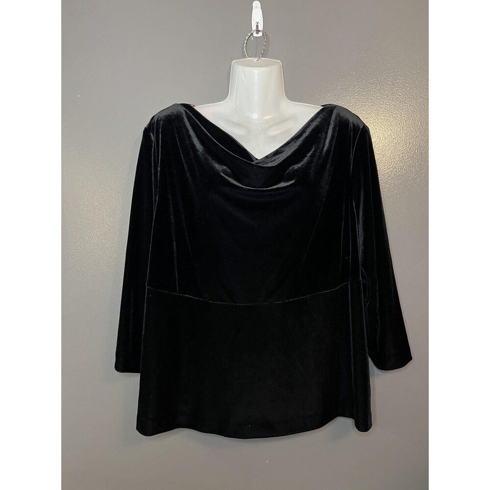 Donna Ricco Blouse Womens 16W Plus Black Velvet Cowl Neck Long Sleeve Made USA